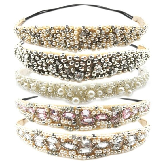 Beaded Elastic Headband Set 5 Styles Pearl Rhinestone Women\'s Fashion Accessorie main image 7